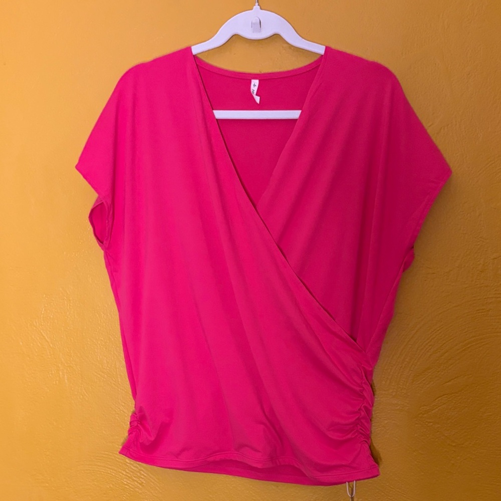 HALARA NWT Bright Pink V Neck Cap Sleeve Crossover Ruched Casual Work Blouse Lg